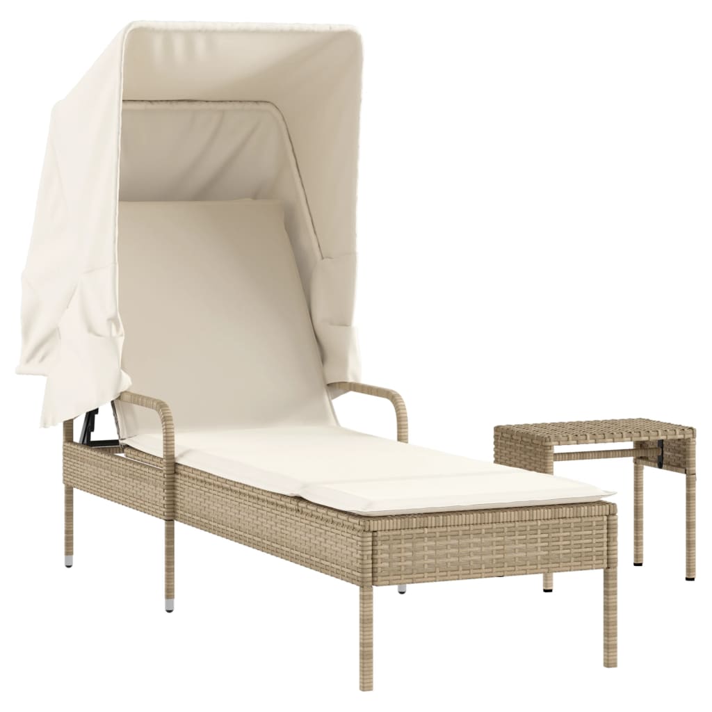 Bain de soleil avec toit et table en polyrotin beige