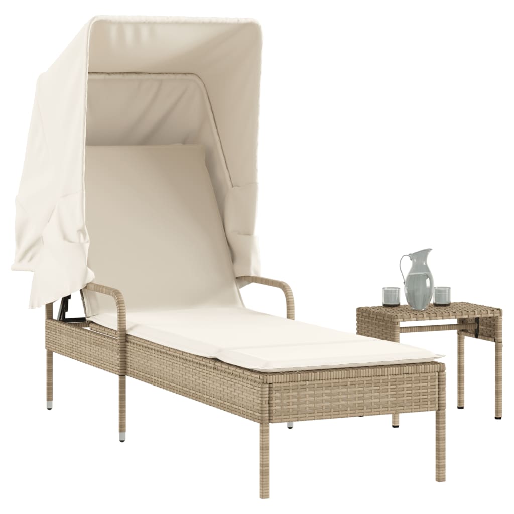 Bain de soleil avec toit et table en polyrotin beige