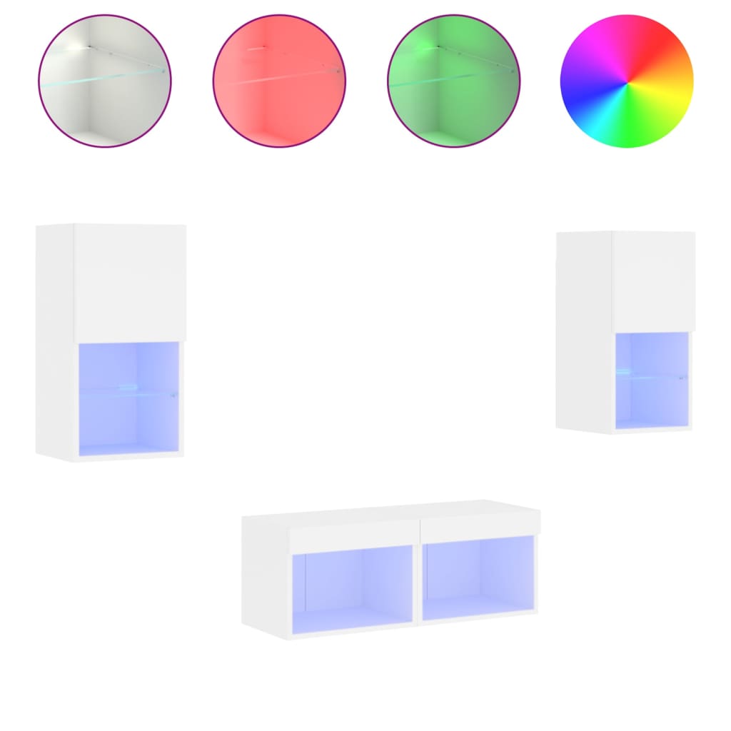 Meuble TV mural 4 pièces avec éclairage LED, blanc
