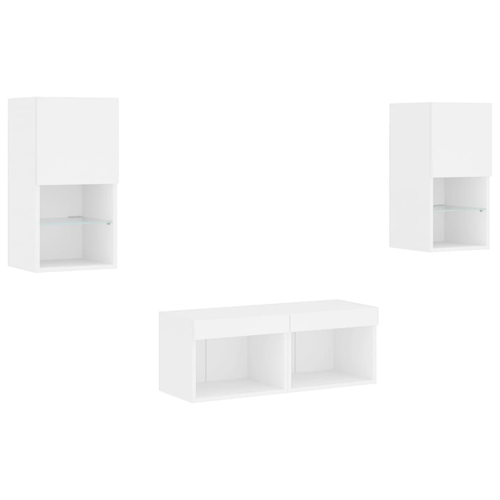 Meuble TV mural 4 pièces avec éclairage LED, blanc