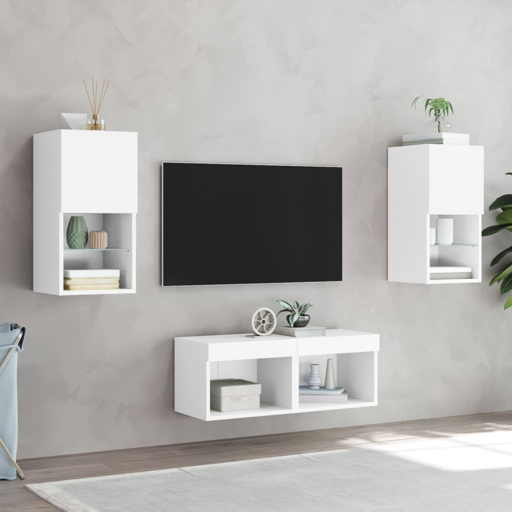 4-tlg. TV-Wohnwand mit LED-Leuchten Weiß