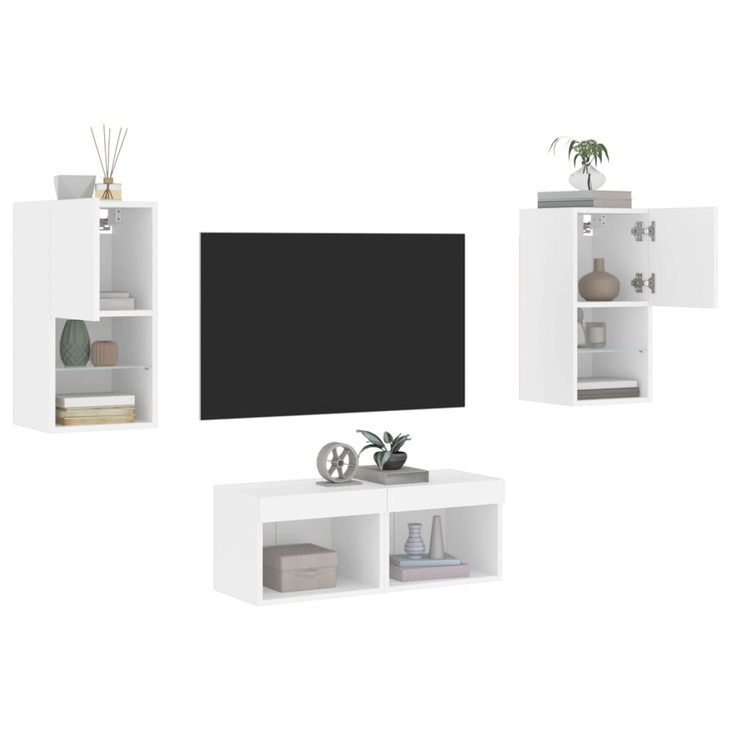 Meuble TV mural 4 pièces avec éclairage LED, blanc