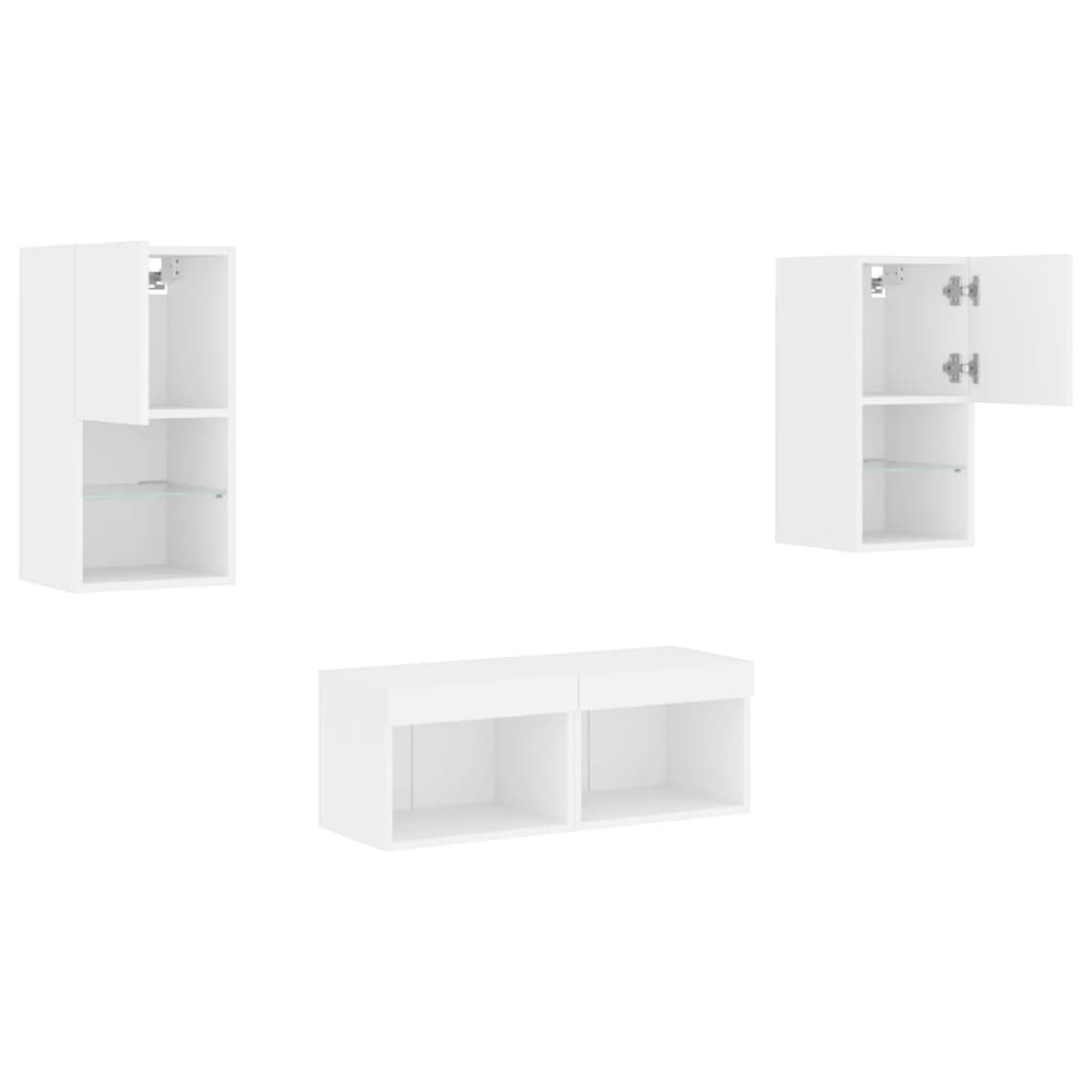 Meuble TV mural 4 pièces avec éclairage LED, blanc