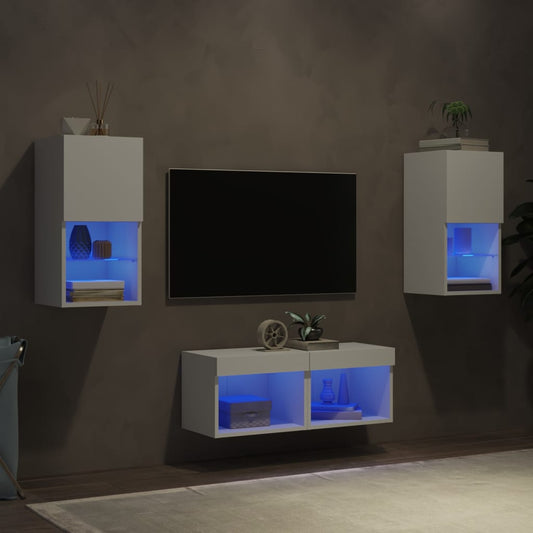 Meuble TV mural 4 pièces avec éclairage LED, blanc