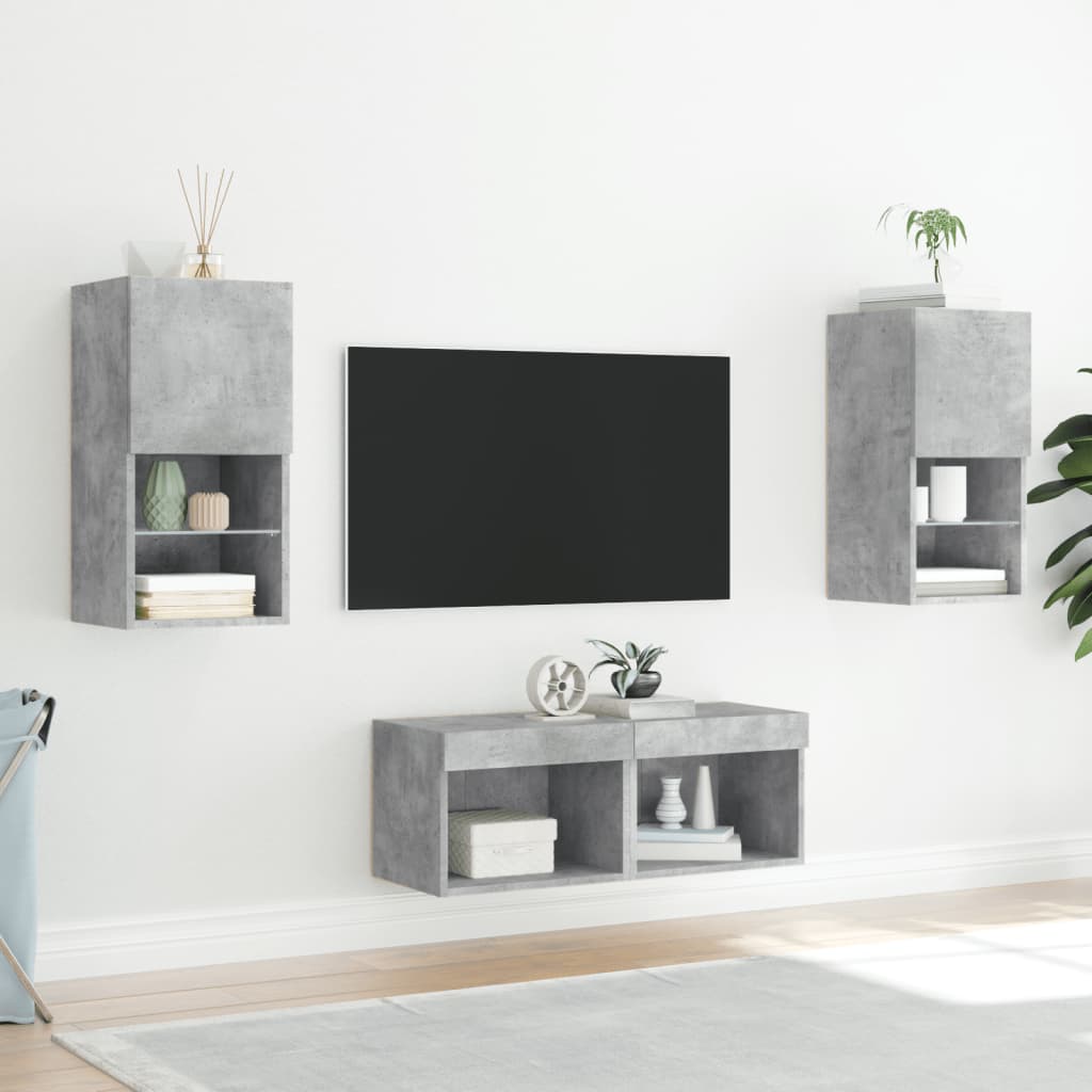 4-tlg. TV-Wohnwand mit LED-Leuchten Betongrau