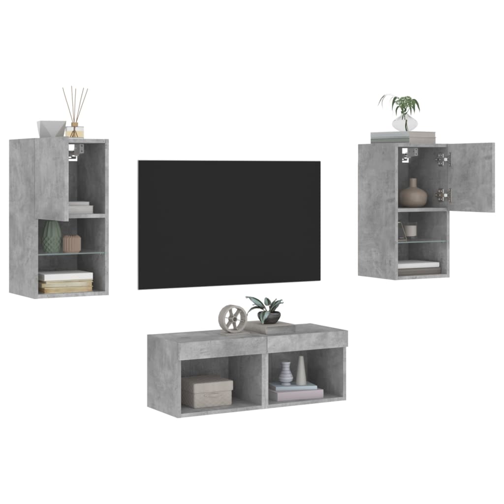 4-tlg. TV-Wohnwand mit LED-Leuchten Betongrau