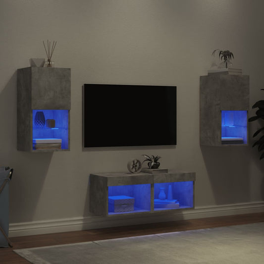 4-tlg. TV-Wohnwand mit LED-Leuchten Betongrau