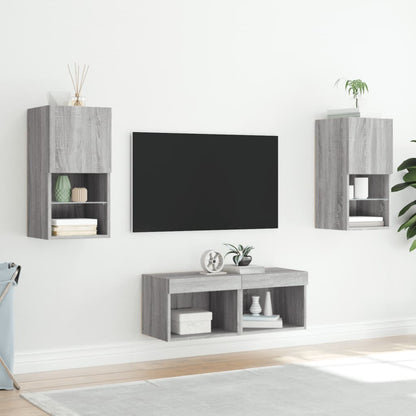 4-tlg. TV-Wohnwand mit LED-Leuchten Grau Sonoma