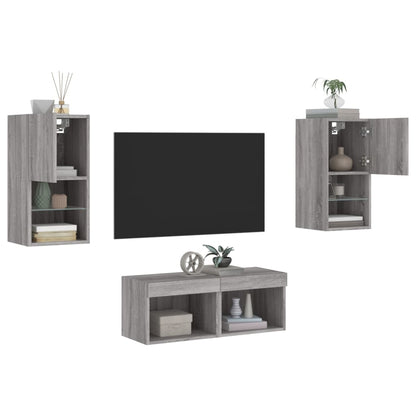 4-tlg. TV-Wohnwand mit LED-Leuchten Grau Sonoma