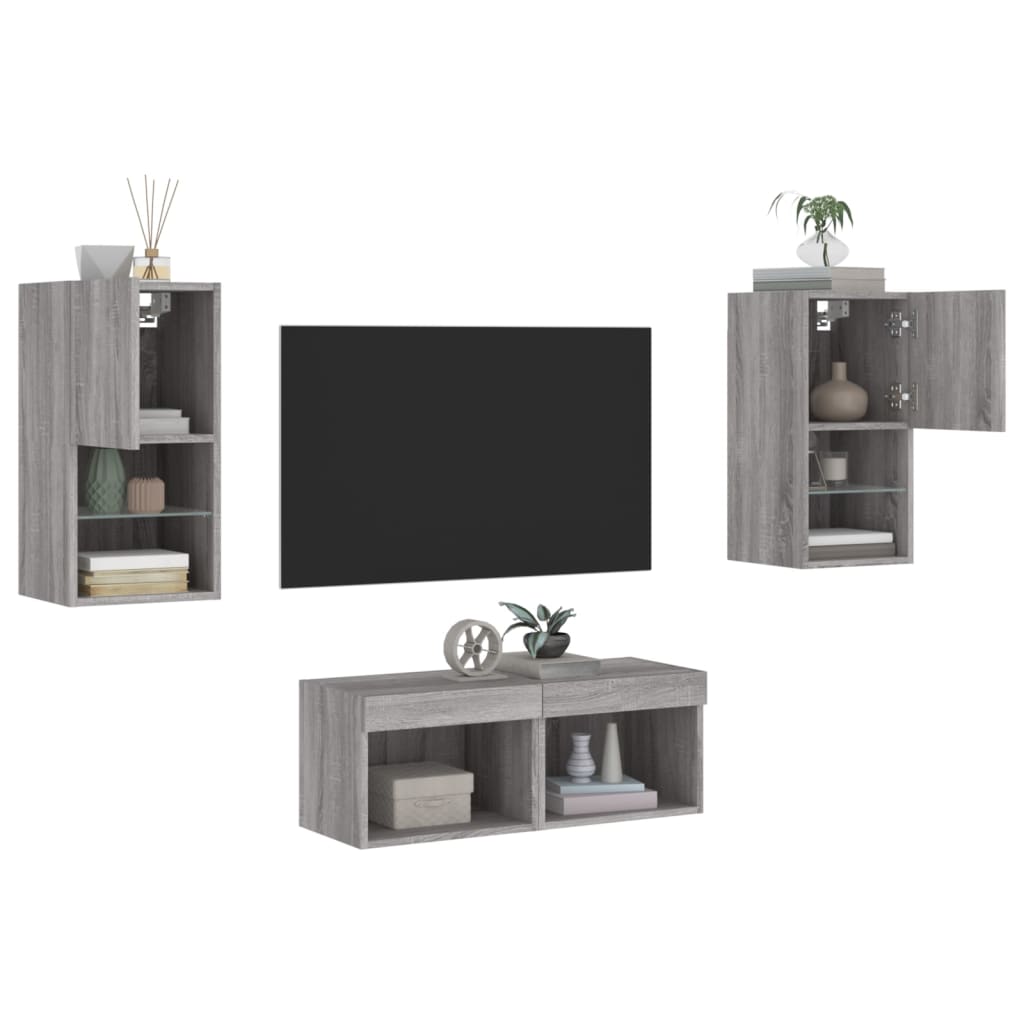 4-tlg. TV-Wohnwand mit LED-Leuchten Grau Sonoma