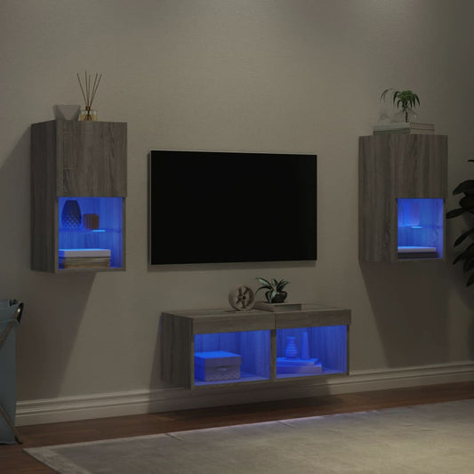4-tlg. TV-Wohnwand mit LED-Leuchten Grau Sonoma