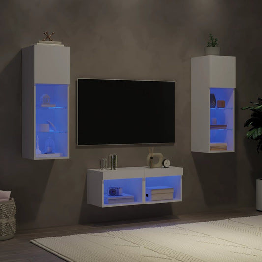 Meuble TV mural 4 pièces avec éclairage LED, blanc