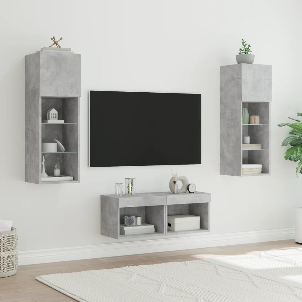 4-tlg. TV-Wohnwand mit LED-Leuchten Betongrau