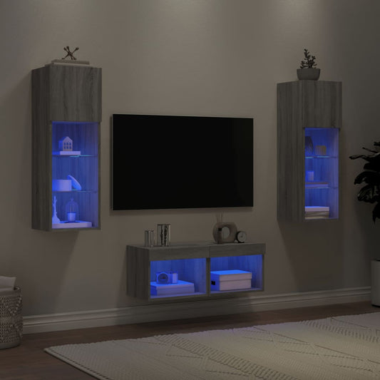 4-tlg. TV-Wohnwand mit LED-Leuchten Grau Sonoma