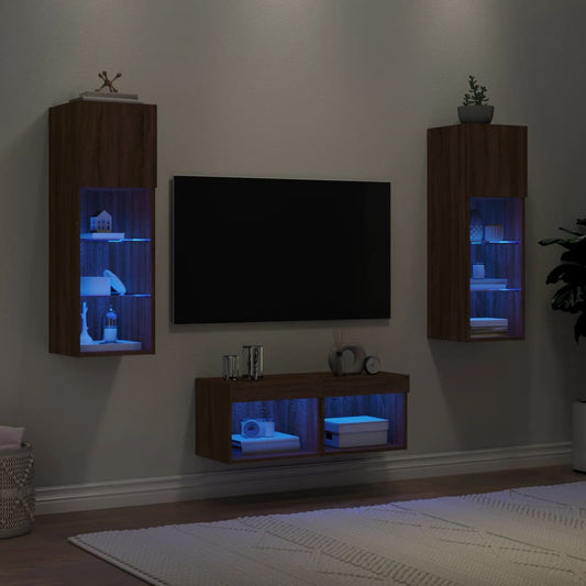 Meuble TV mural 4 pièces avec éclairage LED aspect chêne brun