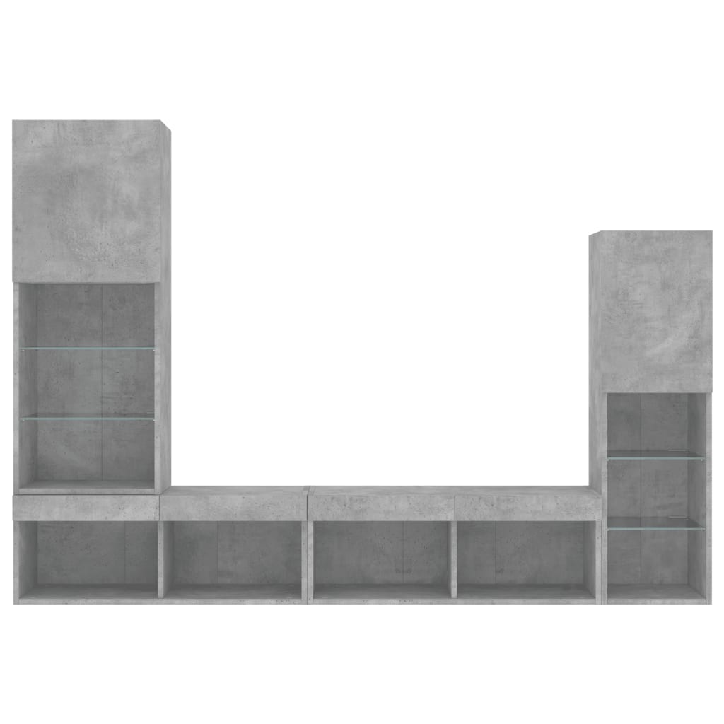 4-tlg. Wohnwand mit LED-Beleuchtung Betongrau Holzwerkstoff