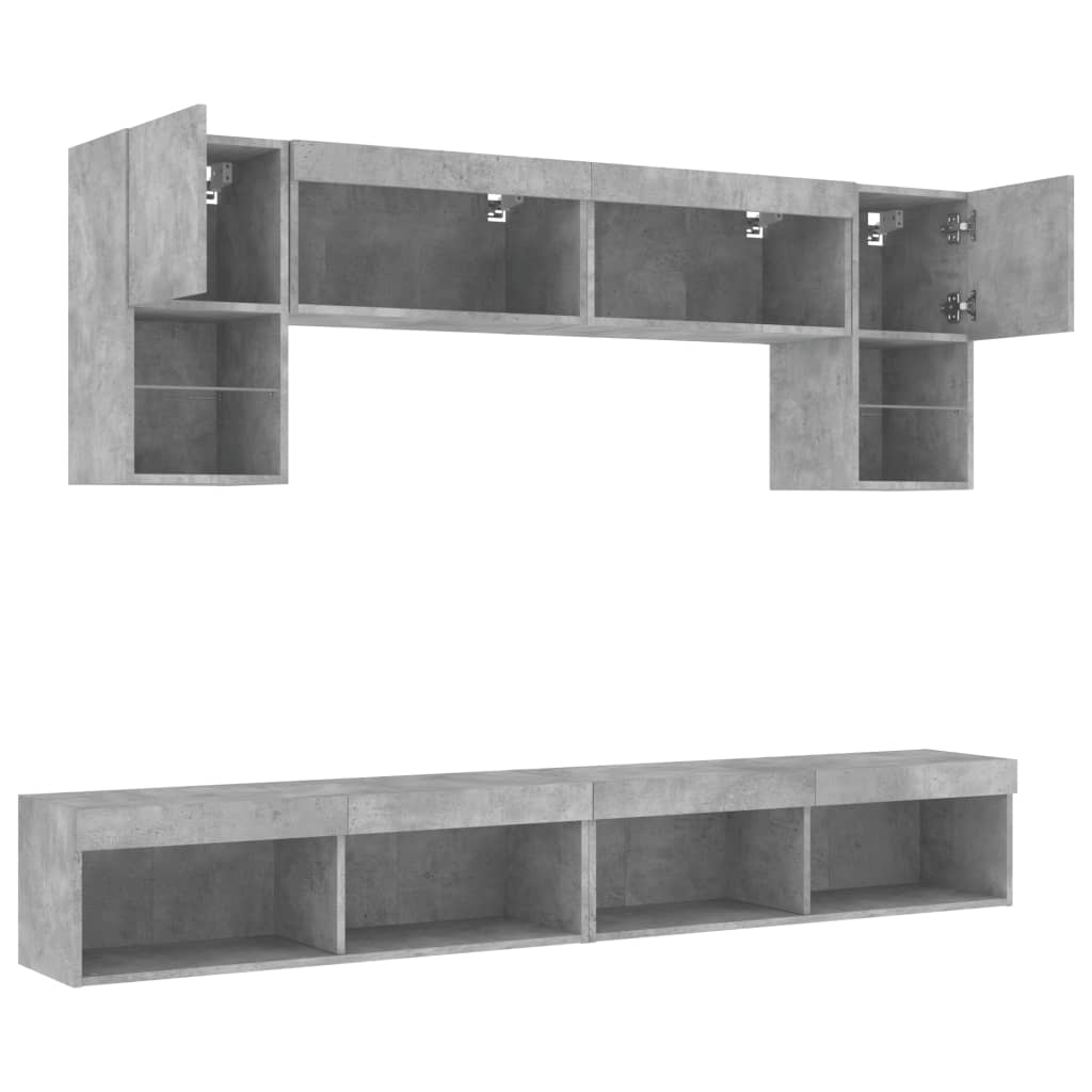 6-tlg. Wohnwand mit LED-Beleuchtung Betongrau Holzwerkstoff