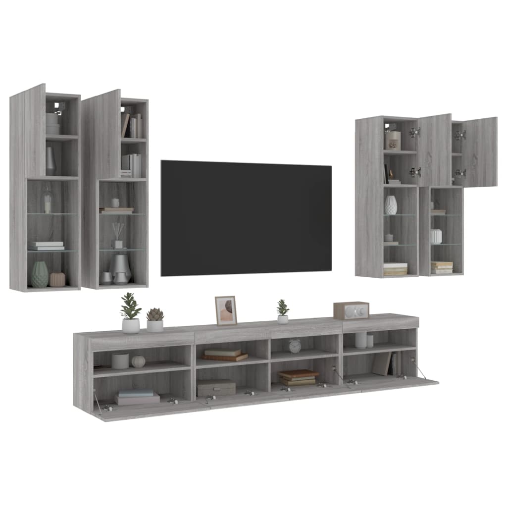 7-tlg. TV-Wohnwand mit LED-Leuchten Grau Sonoma