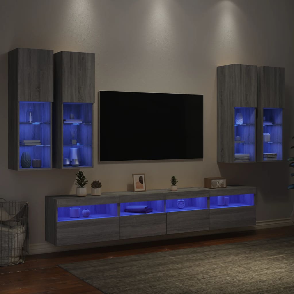 7-tlg. TV-Wohnwand mit LED-Leuchten Grau Sonoma