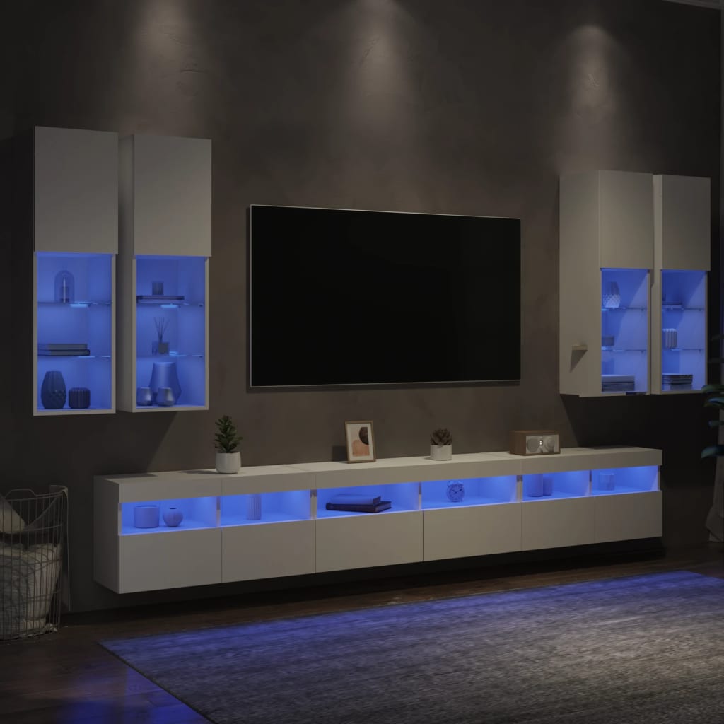 7-tlg. TV-Wohnwand mit LED-Leuchten Weiß