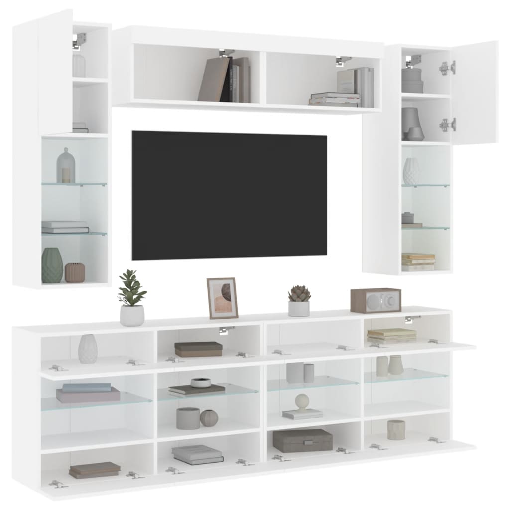6-tlg. TV-Wohnwand mit LED-Leuchten Weiß