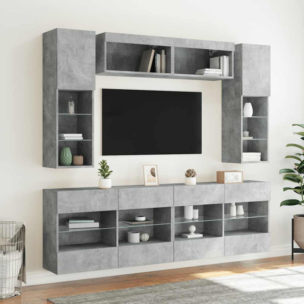 6-tlg. TV-Wohnwand mit LED-Leuchten Betongrau
