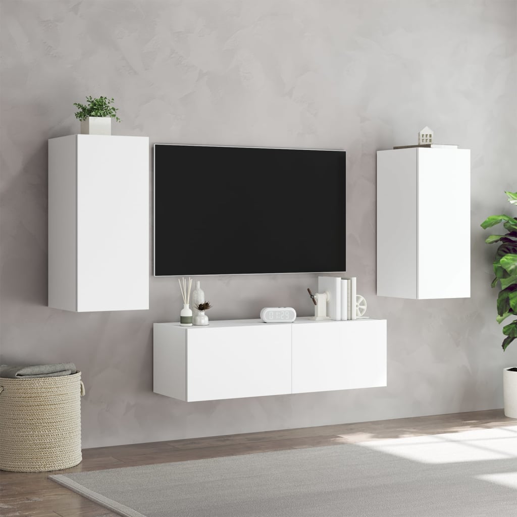 Meuble TV mural 3 pièces avec éclairage LED, blanc