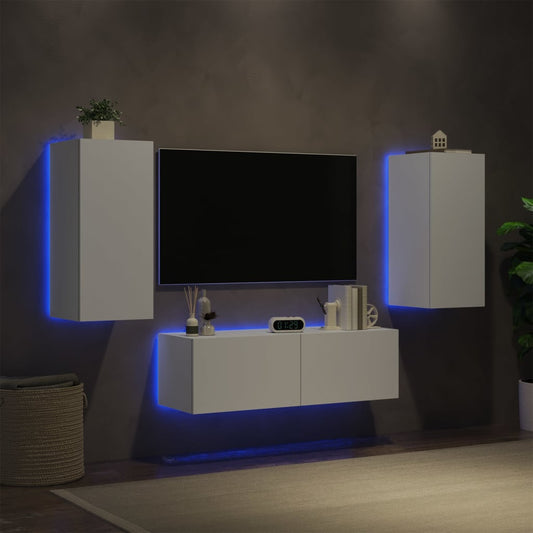 Meuble TV mural 3 pièces avec éclairage LED, blanc