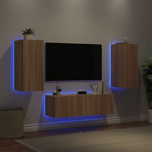 Meuble TV mural 3 pièces avec éclairage LED en chêne Sonoma