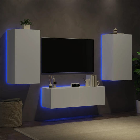 Meuble TV mural 3 pièces avec éclairage LED, blanc