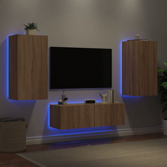 Meuble TV mural 3 pièces avec éclairage LED en chêne Sonoma