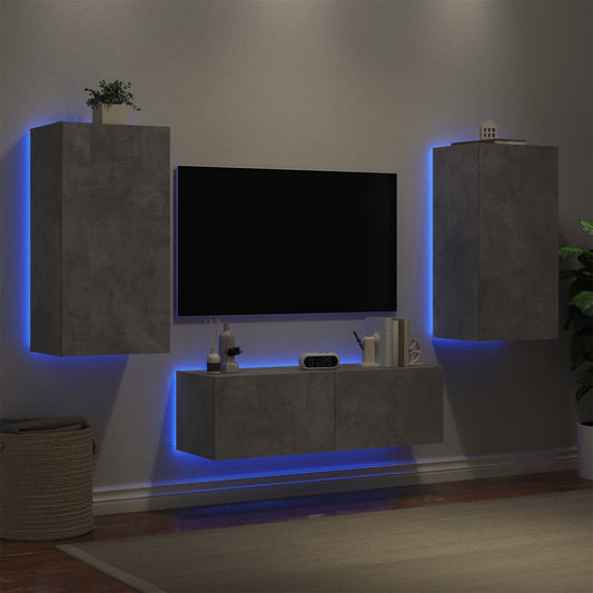 Meuble TV mural 3 pièces avec éclairage LED en gris béton
