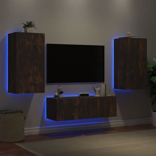Meuble TV mural 3 pièces avec éclairage LED en chêne fumé