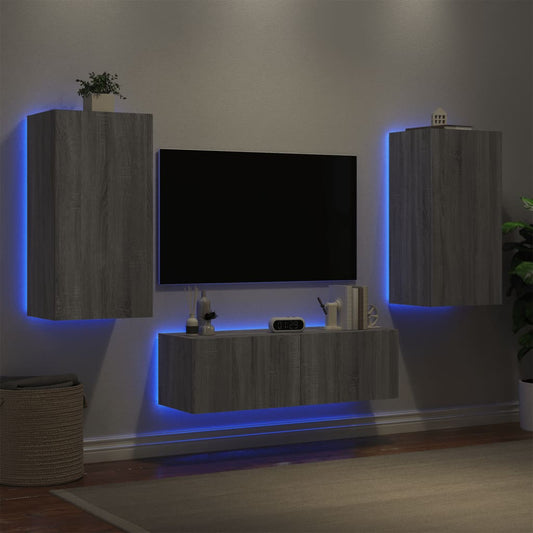 Meuble TV mural 3 pièces avec éclairage LED en gris Sonoma