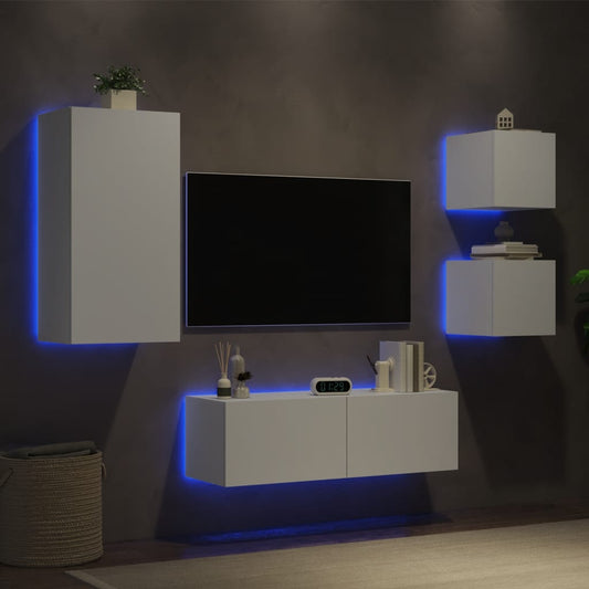 Meuble TV mural 4 pièces avec éclairage LED, blanc