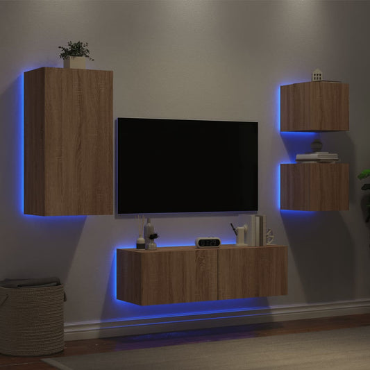 Meuble TV mural 4 pièces avec éclairage LED en chêne Sonoma