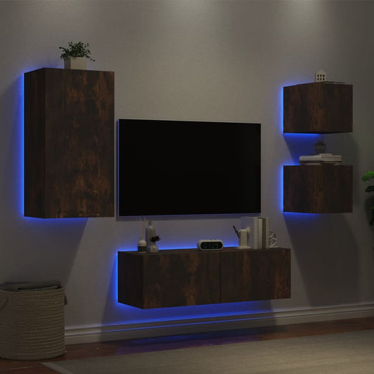 Meuble TV mural 4 pièces avec éclairage LED en chêne fumé