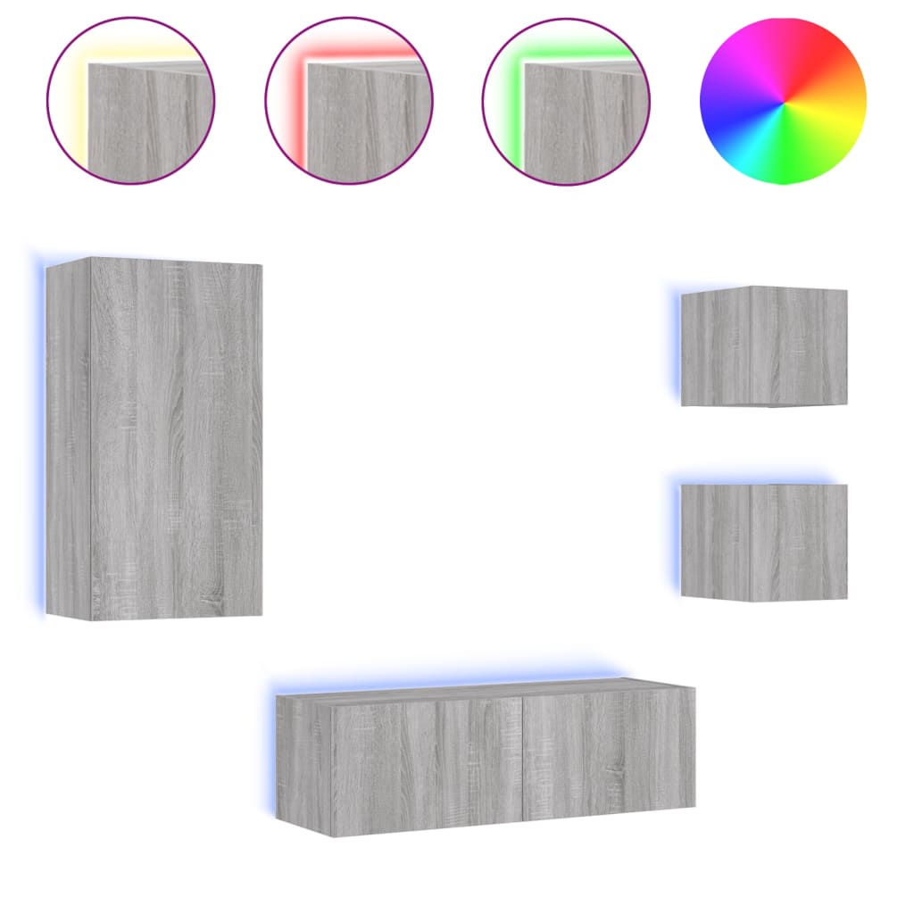 Meuble TV mural 4 pièces avec éclairage LED en gris Sonoma