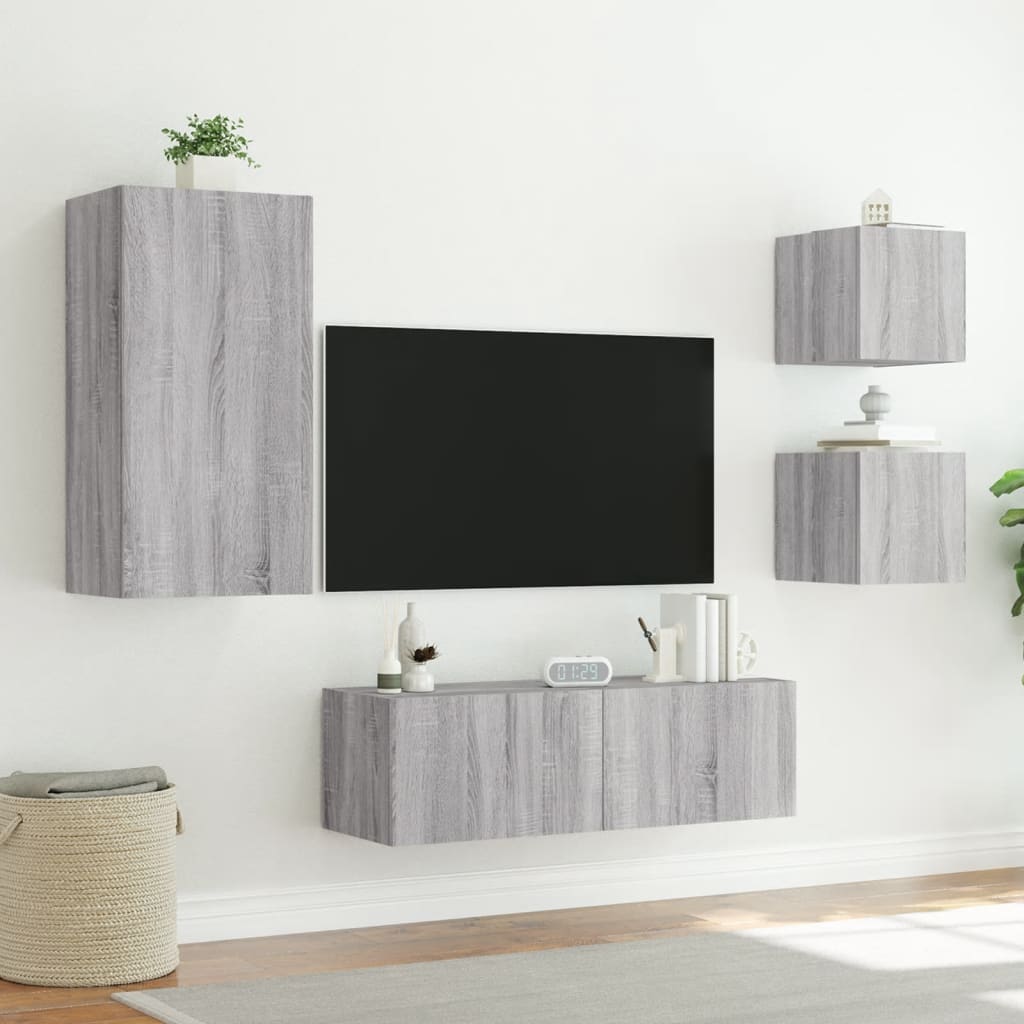 Meuble TV mural 4 pièces avec éclairage LED en gris Sonoma