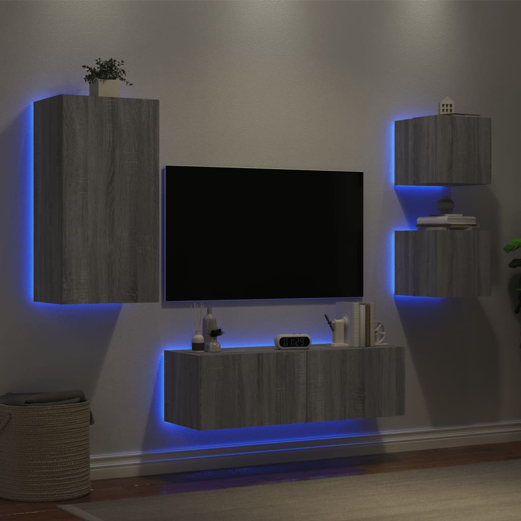 Meuble TV mural 4 pièces avec éclairage LED en gris Sonoma