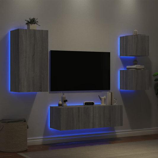 Meuble TV mural 4 pièces avec éclairage LED en gris Sonoma