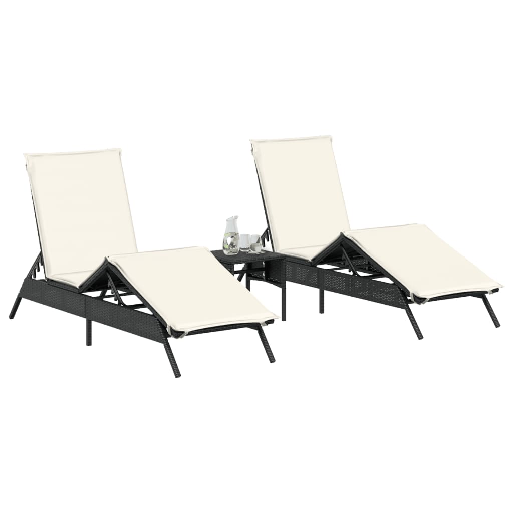 Chaises longues 2 pcs avec table en polyrotin noir