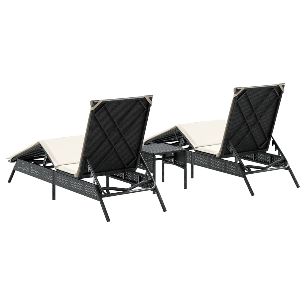 Chaises longues 2 pcs avec table en polyrotin noir