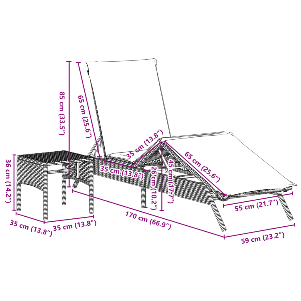 Chaises longues 2 pcs avec table en polyrotin noir