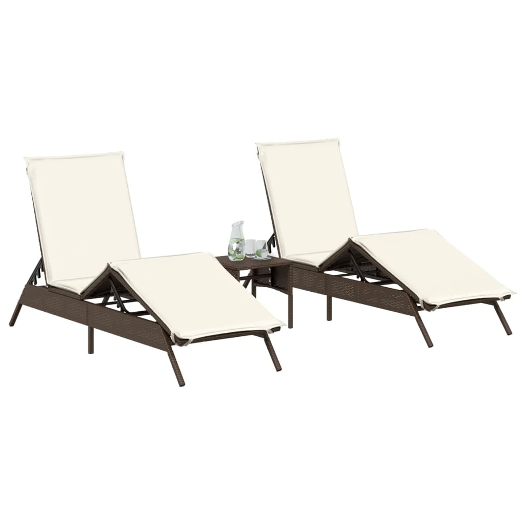 Chaises longues 2 pcs avec table en polyrotin marron