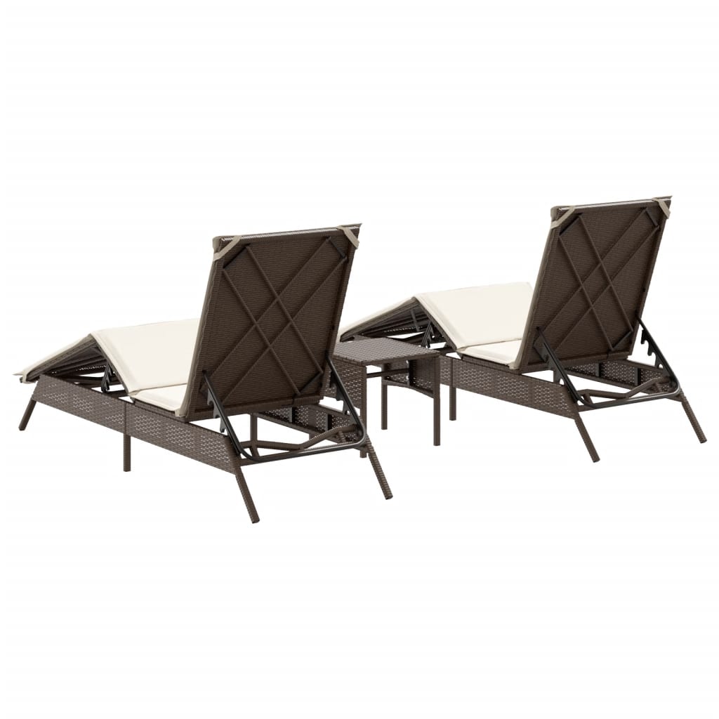 Chaises longues 2 pcs avec table en polyrotin marron