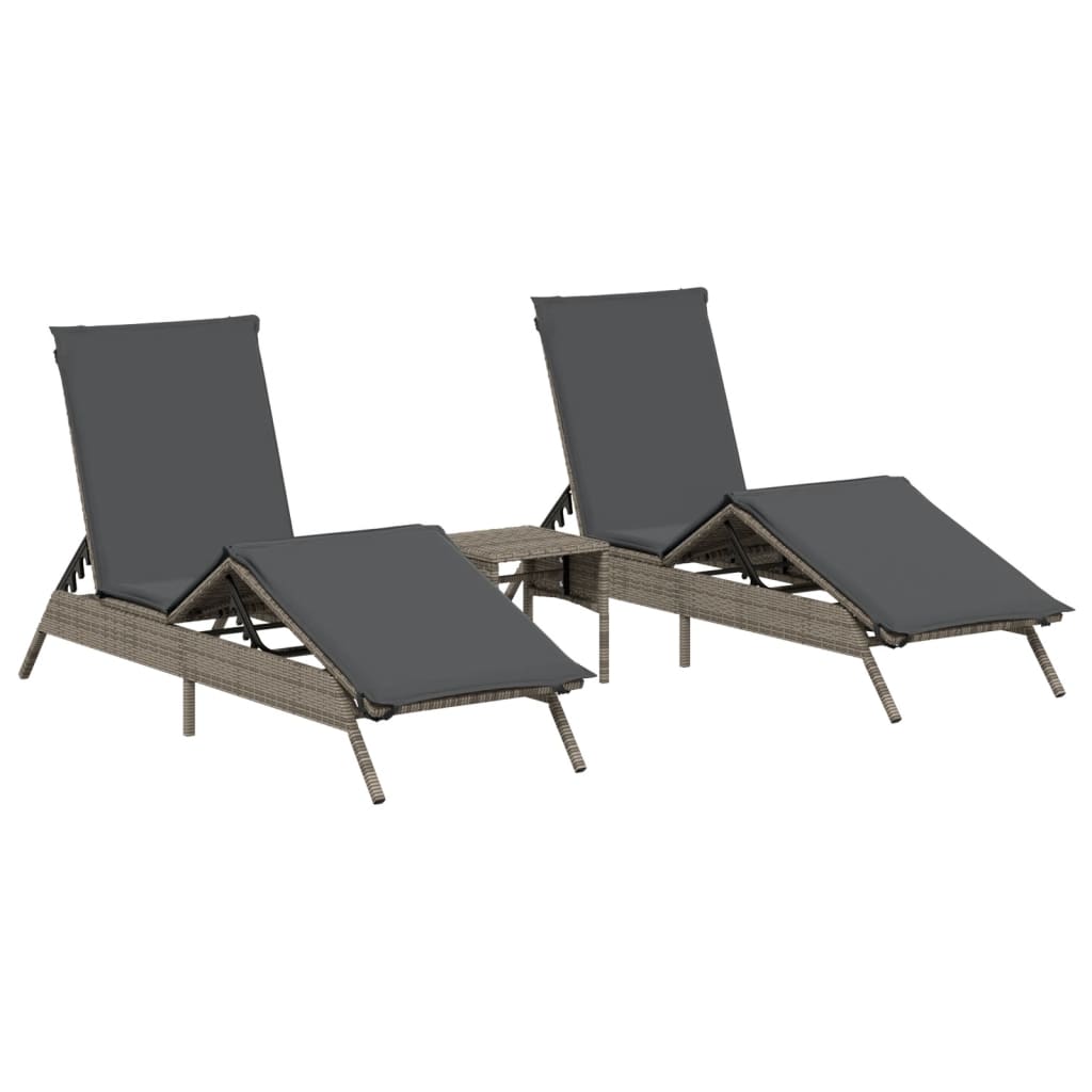 Chaises longues 2 pcs avec table en polyrotin gris