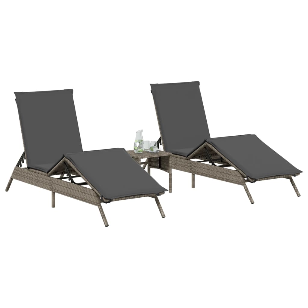 Chaises longues 2 pcs avec table en polyrotin gris