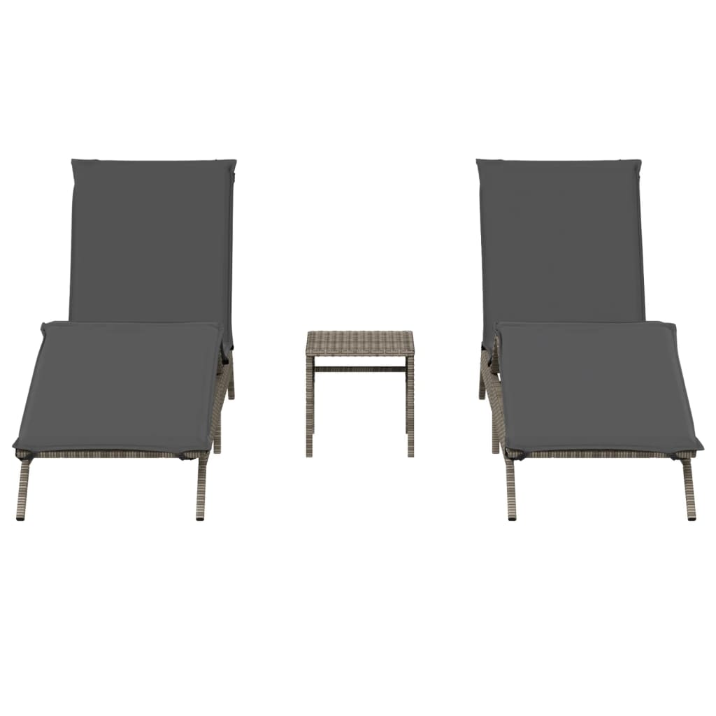 Chaises longues 2 pcs avec table en polyrotin gris