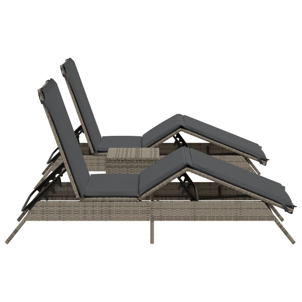 Sonnenliegen 2 Stk. mit Tisch Grau Poly Rattan